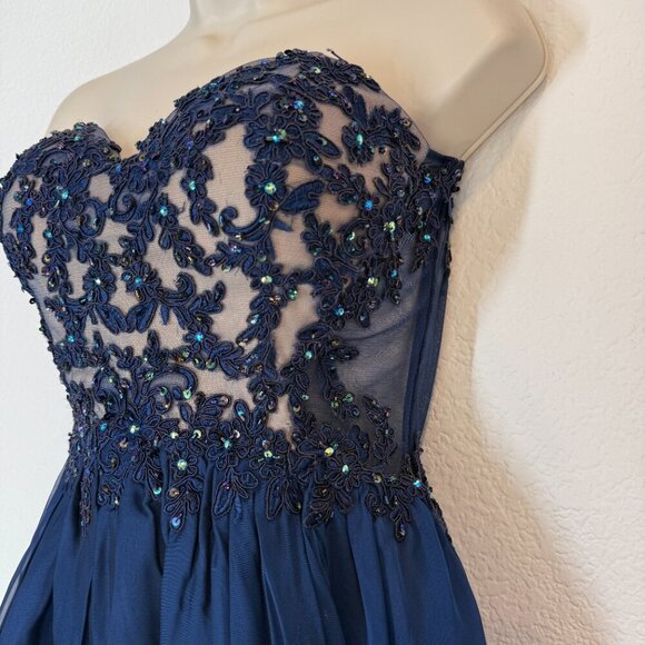 La Femme Formal Gown Cocktail Dress Blue Lace Hi Low Mesh Y2K Back Strapless 6 - Picture 6 of 15